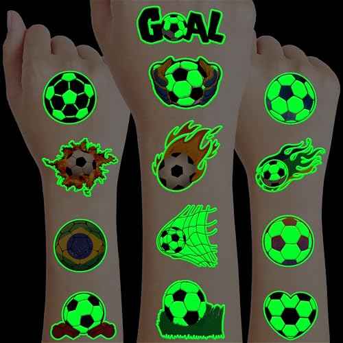 96 PCS Soccer Ball Pre-Cut Luminous Glow in The Dark Temporary Tattoos Themed Birthday Party Decorations Favors Supplies Decor Europa Sports Tattoo Stickers Gifts For Game Boys Girls Class School