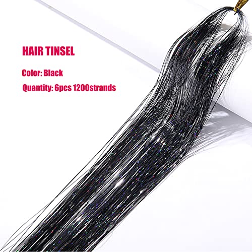 YOOONXI Black Hair Tinsel Kit - 1200 Strands, Heat Resistant Extensions