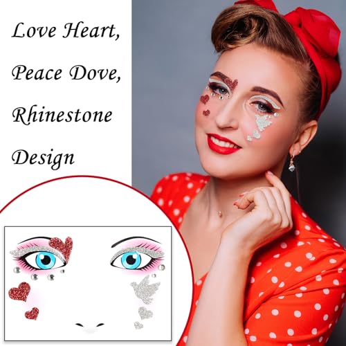Glitter Love Heart Face Stickers with Rhinestones - 2 Pack