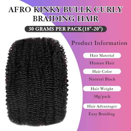 Afro Kinkys Bulk Human Hair for Dreadlocks Extensions Repair, Twist Braiding Afro Kinky Human Hair for Locs Natural Black Color 22 inches for Micro Locs Extensions 1 Pack 30 Gram£¨1B/22inch/30g£©