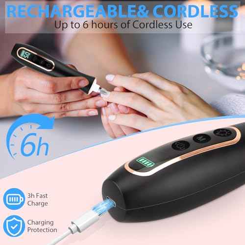Professional Manicure Pedicure Kit, Cordless Electric Nail File Set, 360¡Æ LED Light Nail Drill Machine with LCD Display, 10 Speeds Rechargeable Nail Drill for Gel Nail Thick Toe Nails Christmas Gifts
