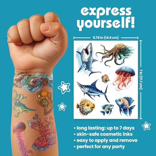 Sea Creature Temporary Tattoos for Kids - 50 Pack