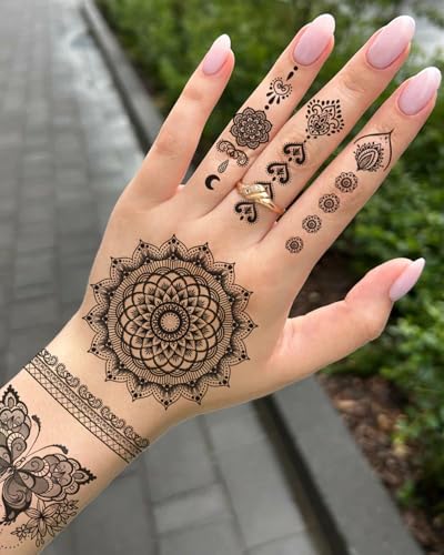 Black Henna Temporary Tattoos - 10 Sheet Mandala Flower Design