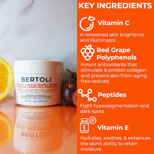 BERTOLI Brightening Cream ? Polyphenol Moisturizer for the Look of Dark Spots, with Peptides, Hyaluronic Acid, Vitamin C & Grape Antioxidants | Italian Skincare | Clean, Vegan