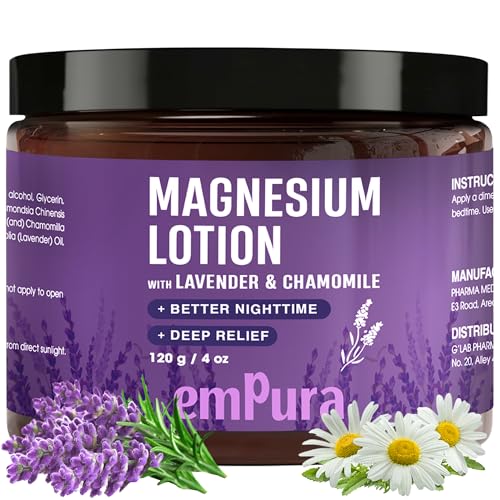Magnesium Lotion with Lavender, Nighttime Magnesium Cream for Relaxation & Muscle Relief - Hand, Leg & Foot Lotion with Chamomile, Shea Butter & Jojoba Oil - Thoughtful Gifts for Mom (4oz)