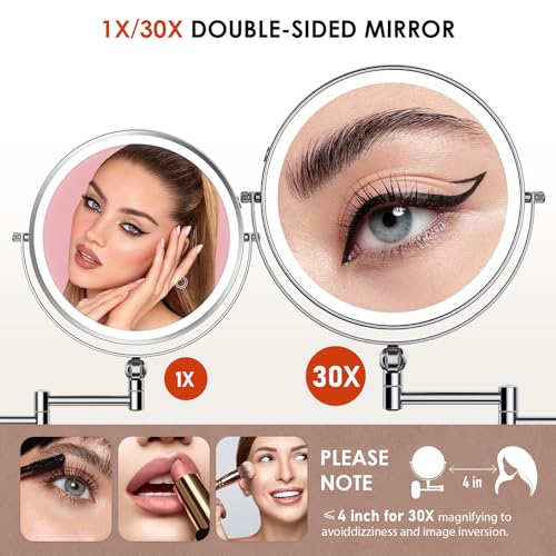 ZLOKLA Wall Mounted Lighted Makeup Mirror - 9" Double Sided 1X/30X Magnification