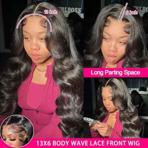 13x6 Lace Front Wigs Human Hair 180% Density HD Transparent Body Wave Lace Front Wigs Human Hair Body Wave Glueless Frontal Wig Human Hair for Women Pre Plucked with Baby Hair Natural Black
