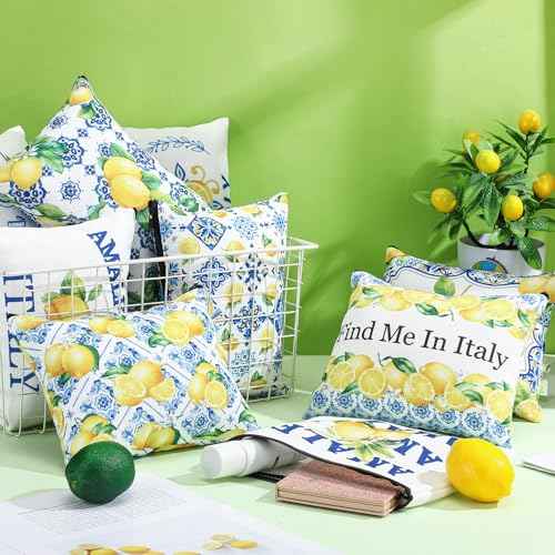 9 Pcs Amalfi Coast Cosmetic Bag Italy Lemons Canvas Makeup Bags Romantic Lemon Themed Travel Pouch Souvenir Gift for Women Girls Bachelorette Friend Birthday