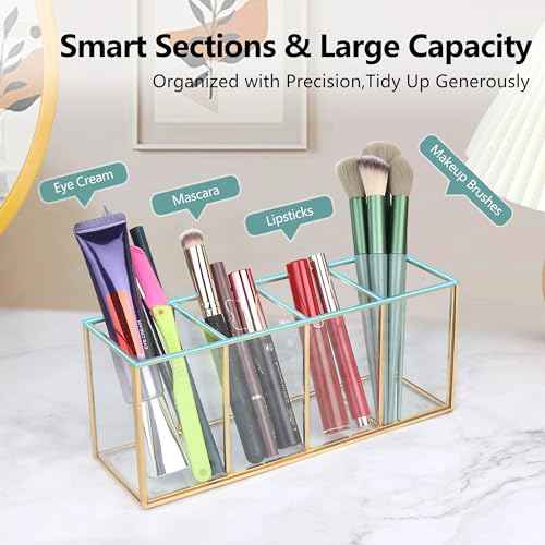 ELEGANTLIFE Clear Glass Makeup Brush Organizer,Luxurious Tempered Glass Cosmetics Brushes Storage Holder for Refined Bathroom Decor (Gold, 4 Sections)