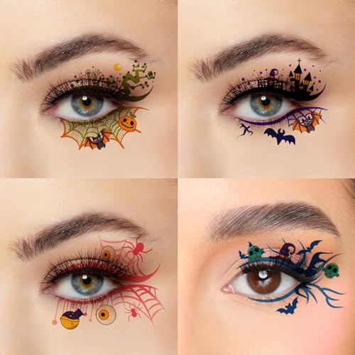 10 Pcs Halloween Eye Tattoos,Colourful Spider Web and Bat Design Eye Tattoos Temporary,Waterproof Sweatproof Day of the Dead Makeup, Halloween Temporary Tattoo for Women Men Party Cosplay