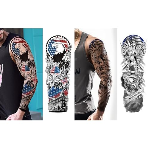 Aresvns Independence Day Temporary Tattoos,Fourth of July USA Flag Sleeve Tattoo,Red White and Blue Party Supplies, 4th of July Fun Tattoos, Memorial Day, Labor Day Decorations Patriotic Tattoos