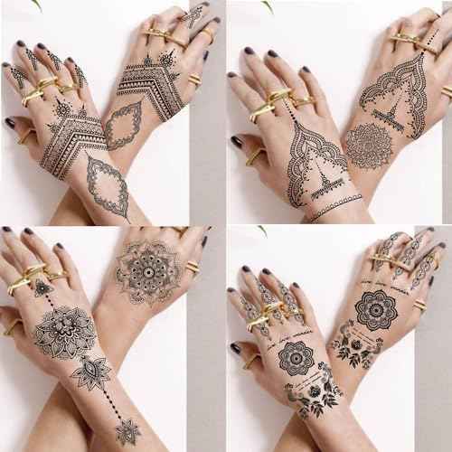 Vintage India Sexy Hands Temporary Tattoos For Women Finger Girls Adults, 4 Sheets Bohemia Lace Black Lotus Mandala Flower Fake Jewels Tattoo Sticker Kits Stencils, Party Favor Supplies Decoration