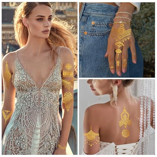 Metallic Gold Temporary Tattoos for Women - 9 Sheets
