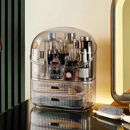 DASITON Makeup Organizer for Vanity,Large Capacity Cosmetic Organizer for Countertop,3 Layers Makeup Storage Organizer,Waterproof & Dustproof Cosmetic Display Case for Bathroom,Dresser,Bedroom(Coffee)