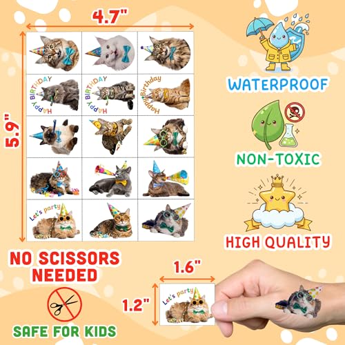 Cat Temporary Tattoos | Birthday Cat Birthday Party Decorations Party Favors Supplies Accessories D?cor Stickers Gift Idea For Kids Teen Boy Girl Adult 60Pcs 4 Sheets Pre-cut