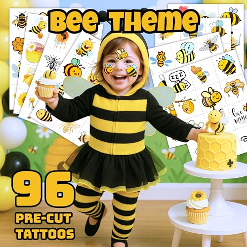 Bee Themed Temporary Tattoos - 96 Pre-Cut Sheets for Kids Party Favors