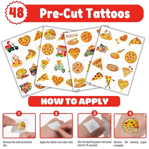 72-Piece Pizza Party Favors Set - Tattoos & Slap Bracelets