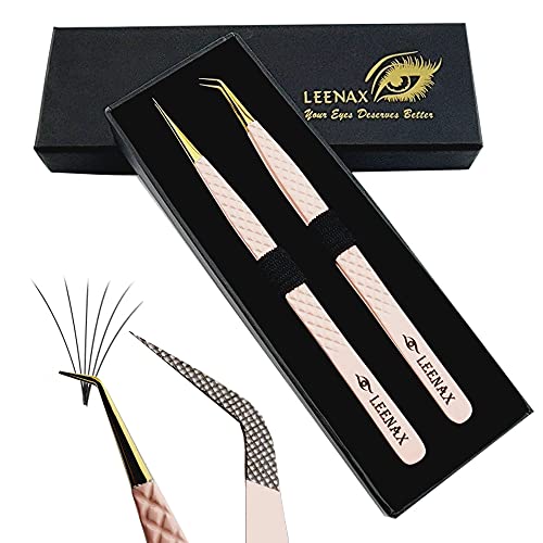 Eyelash Extension Tweezers Fiber Tip (Anti – Slip) Set of 2 pieces straight & curved with Diamond Grip, Rainbow Colour,14cm, volume Tweezers, Lash Extension Precision tweezers. (Multi)