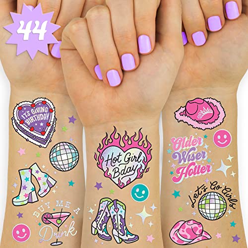 xo Fetti Birthday Decorations Temporary Tattoos - 44 pcs | Fun Bday Girl Party, Older, Wiser, Hotter, HBD, Disco Cowgirl, Hot Girl Bday