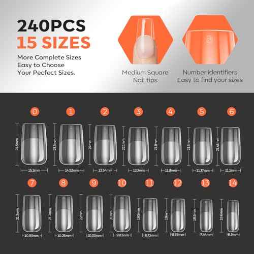 modelones Pro Luxe Instant Nail Apex Tips, Medium Square Extension Gel Tips Pre-building & Pre-etched Thicker Strength Acrylic Fake Nails Full Cover 15 Sizes