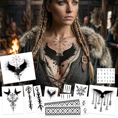 Viking Temporary Tattoos - 14 Sheet Pack with Ravens & Runes