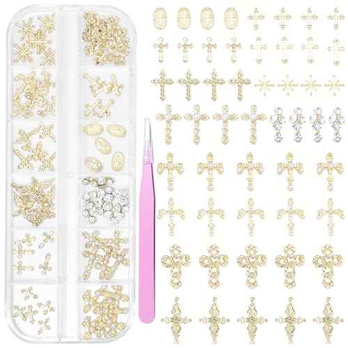 60 Pcs Gold Coss Nail Charms, 12 Styles 3D Cross Gold Nail Charms Crosses Star Nail Charm and Gems, Mixed Crosses Golden Charm for Acrylic Nails Y2K DIY Accessories