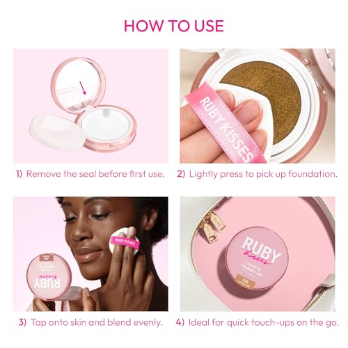 Ruby Kisses Cushion Foundation, Full Coverage Korean Makeup, Lightweight & Long Lasting, All Day Natural Glowy Finish for All Skin Types with Hyaluronic Acid & Bakuchiol (Caramel, 0.52 Ounce)