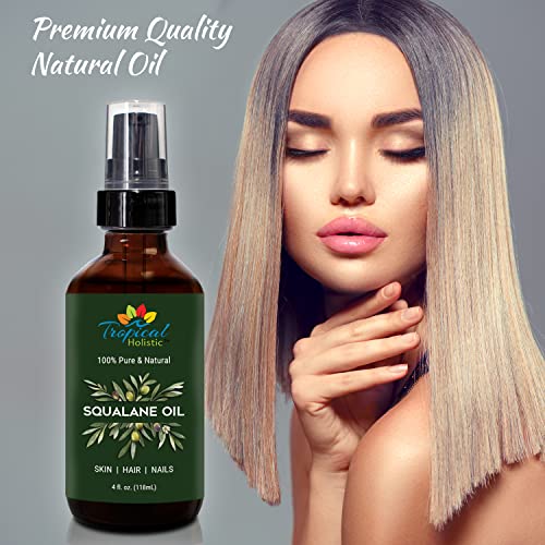 Tropical Holistic 100% Squalane Oil - Pure Plant Derived Vegan All Body Moisturizing Serum (4oz / 118mL) - Ideal Squalane Oil for Face, Body, Hair & Nails
