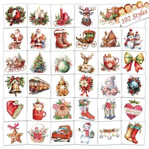 102 PCS Christmas Individually Wrapped Tattoos for kids - Santa/Xmas Trees/Reindeer Temporary for Girls Boy Body Arm Shoulder Tattoos Stickers, Kids Christmas Treats,Christmas Decorations