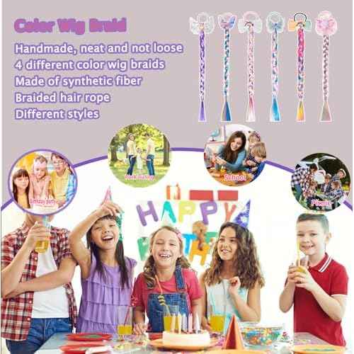 6 Pcs Rainbow Color Braids Hair Extensions - Ponytails & Bows with Rubber Bands - Glitter Braided Wig - Cosplay Hair Accessories for Girls & Women