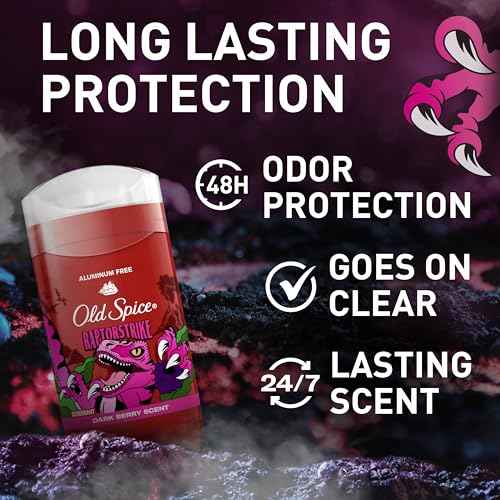 Old Spice Aluminum Free Deodorant for Men, 24/7 Odor Protection, 24/7 Freshness & Lasting Scent, Goes on Clear, Raptorstrike with Dark Berry Scent, 3.0 oz (Pack of 3)