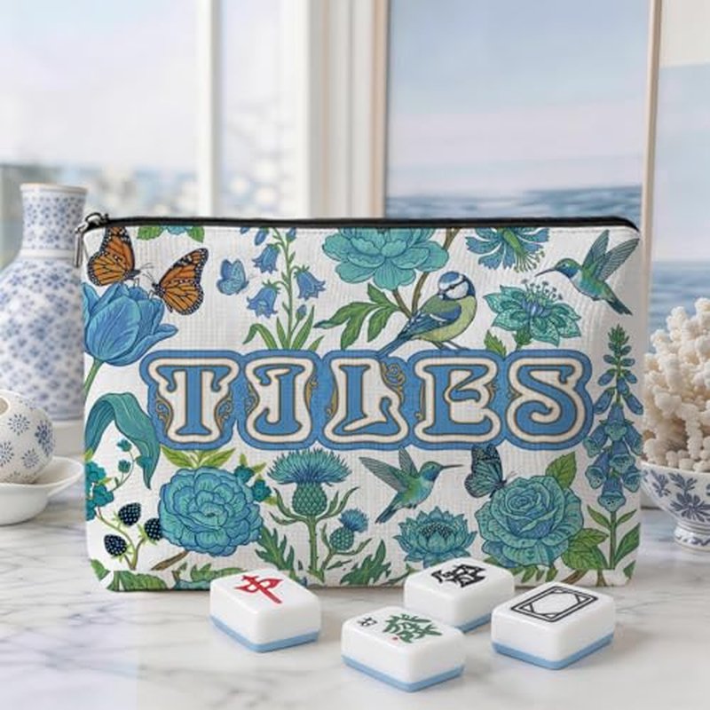 Blue Leaves Mahjong Tile Bag - Durable Canvas with Zipper