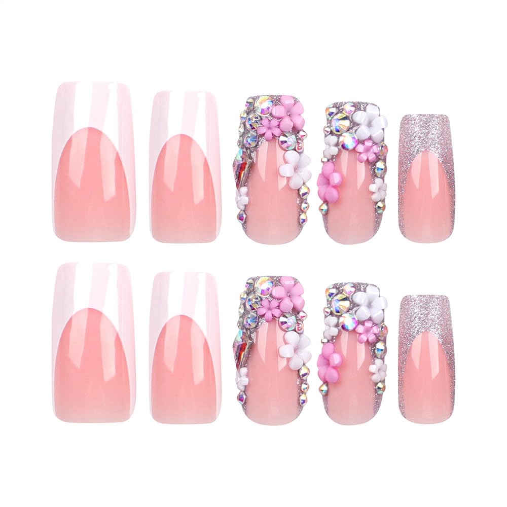 BAOYAALIN Square Press on Nails Medium Long French Tips Whtie Glitter Fake Nails with 3D Flower Design Gel Glue on Nails for Women Girls Acrylic False Stick on Nail Manicure for Wedding 24Pcs