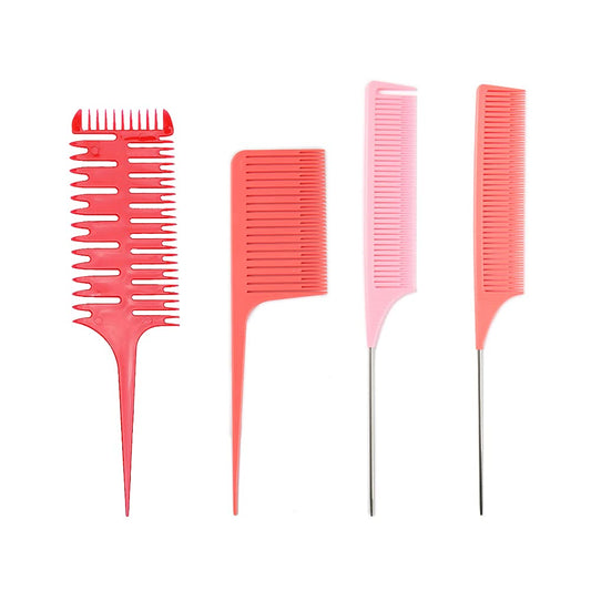 Fox Baby Comb, 4 Pcs Red - Highlighting Professional Styling Comb, Metal Rat Tail Teasing Comb, Dyeing Comb Foiling Comb for Home Hairstylist Barber Styling Weaving