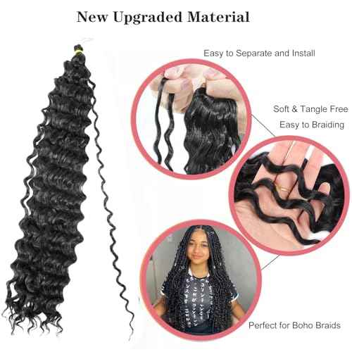 24 Inch Deep Wave Braiding Hair Extensions for Goddess Braids 30% Human Hair Mixed Crochet Braiding for Boho Box Braids Black Ocean Wave Crochet Hair 1B# Pack of 6