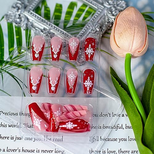 Long Square Christmas Press on Nails Black Glossy Fake Nails White Snowflake French Tip Stick on Nails Gift Winter Art Nails Acrylic Nails for Women and Girls 24 PCS Nail Decorations