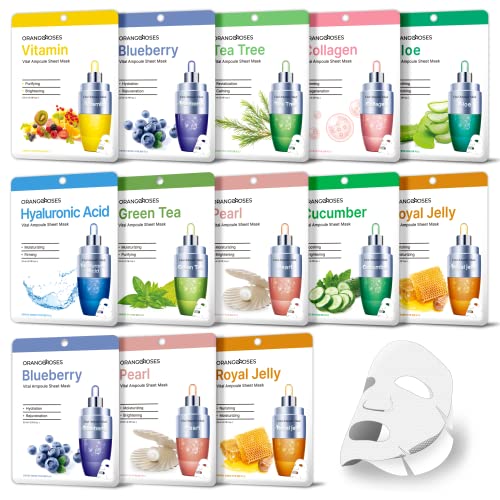 ¡¼Orangeroses¡½ 13 Pcs Combo Vital Ampoule Sheet Mask, Korean Facial Skincare Sheet | Simple & Effective Skincare Routine | Moisturization | Wrinkle Care | Brightening (New Upgraded Mask)