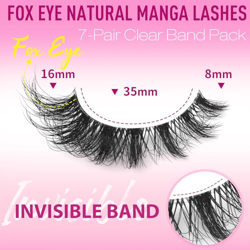 D Curl Fox Eye False Lashes - Clear Band Wispy Manga Lashes 7 Pairs