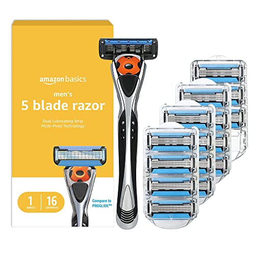 Amazon Basics 5‑Blade MotionSphere Men's Razor with Lubrication & Trimmer — 1 Handle + 16 Cartridges