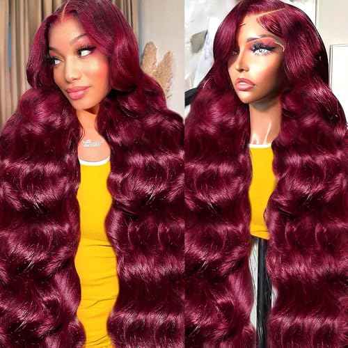 Body Wave Human Hair Wigs for Women Glueless HD Lace Front Wigs Human Hair Body Wave 180 Density Lace Frontal Wigs Human Hair Pre Plucked Body Wave (99J Burgundy wigs, 24 Inch)
