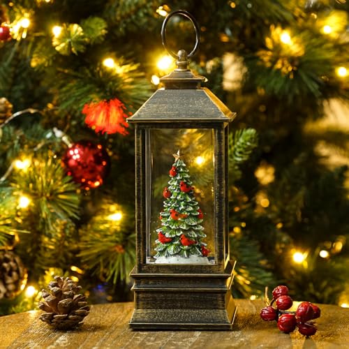 Christmas Snow Globe Lantern Water Glittering Christmas Tree with Music, Battery Operated or USB Powered Lighted Lantern for Christmas Festival Decoration Gifts