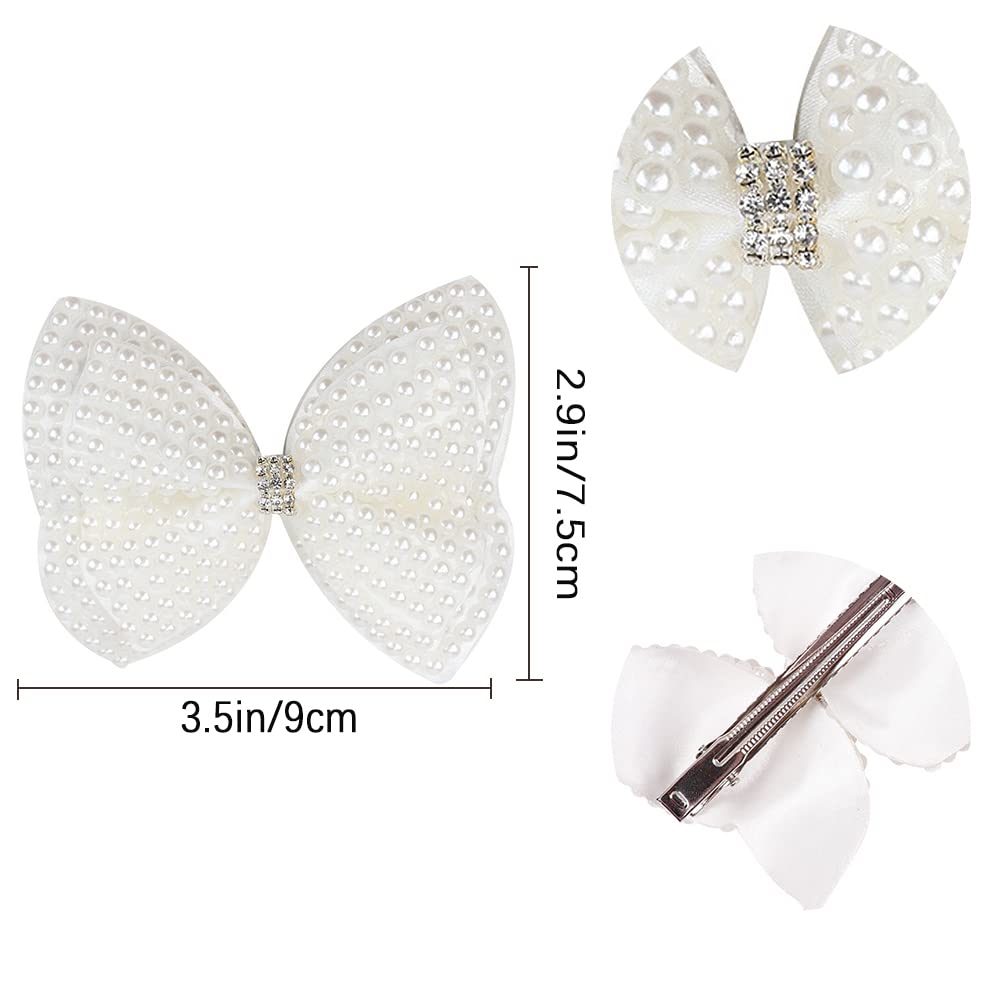 2Pcs Rhinestone Pearl Hair Bows for Toddler Kids Girls, White Double Layer Butterfly Floral Hair Bow Clip Hairpin Wedding Accessories for Women Girls Baby New Year Xmas Gifts (Bowknot)