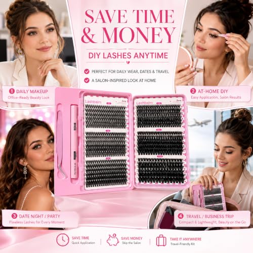 720Pcs D Curl Lash Clusters Kit with Glue & Tweezers
