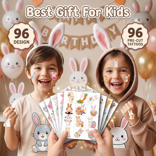96 Bunny Temporary Tattoos for Kids - 8 Sheets
