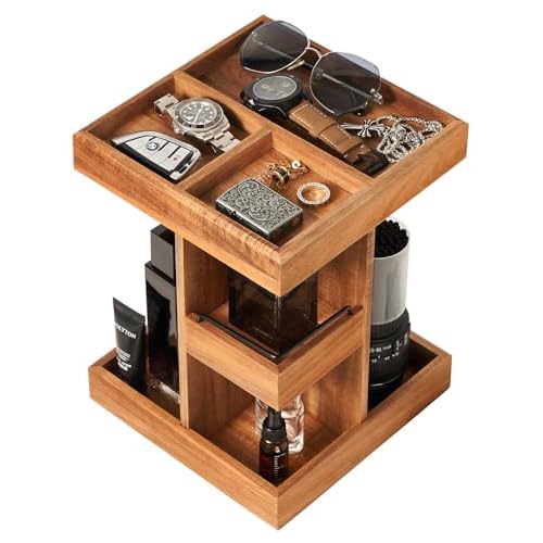 Cologne Organizer for Men, Solid Acacia Wood 3-Tier Rotating Stand - Natural Grain Bathroom & Vanity Organizition for Perfume & Skincare, Premium Desk Decor, Unique Birthday Gifts
