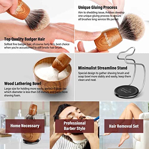 Anbbas Pure Badger Hair Shaving Brush Wood Handle and Large Soap Bowl with Stainless Steel Shaving Stand 3in1 Kit for Men