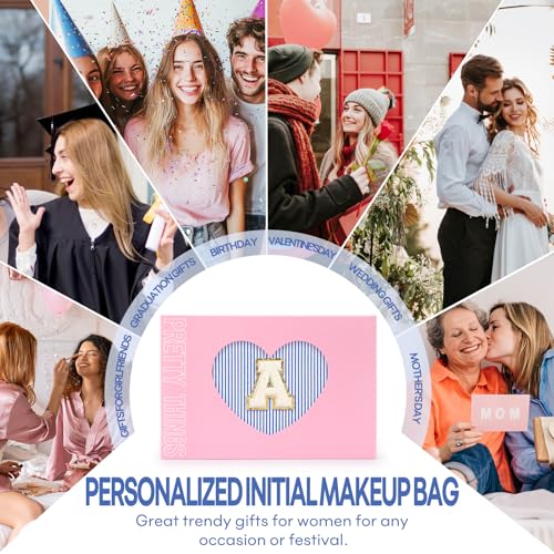2 PCS Initial Makeup Bags for Women: Cosmetic Bag for Travel Toiletry - Birthday Gifts for 11 12 13 14 15 16 17 18 Years Old Girl Graduation Teacher Gift- Teen Girl Gifts Trendy Stuff - Blue I