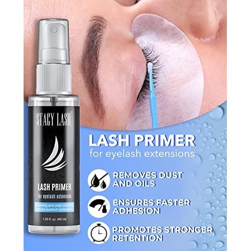 Sensitive Eyelash Extension Glue 10ml & Extra Bonder 15ml & Primer/Cleanser 40ml - Stacy Lash/Black Adhesive 5-6Sec Drying Time/Low Fume/Sealer/Protein Oil Remover/Professional Supplies
