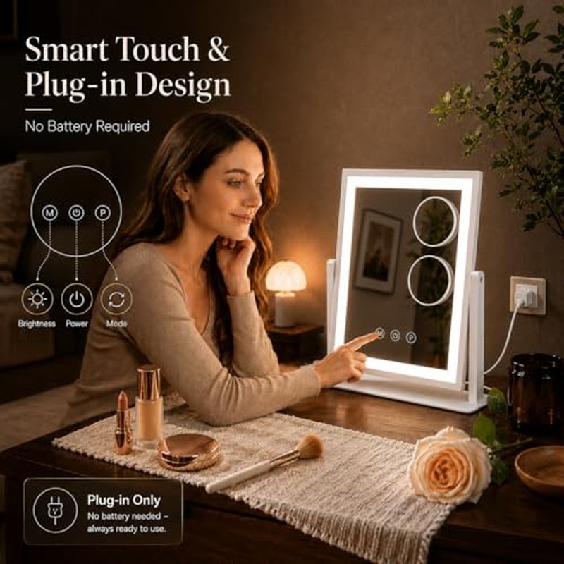 DECADENCE Lighted Makeup Mirror with 10X/5X Magnifiers - Dimmable & 360° Rotation