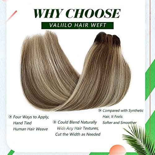 Hair Wefts Extensions Sew in Remy Hair Double Weft Human Hair Weave Brown Roots to Ash Brown with Bleach Blonde Highlights Sew in Human Hair Extensions 20 inch 100g for Women